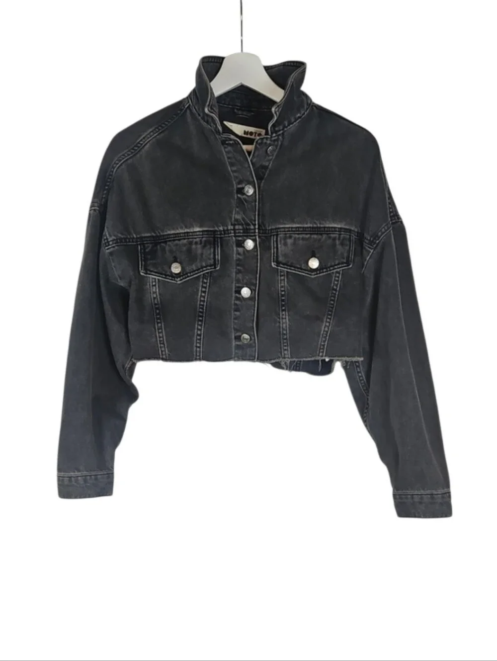 Topshop Moto Cropped Black Denim Jacket with Raw Hem Grunge Punk Women's 2